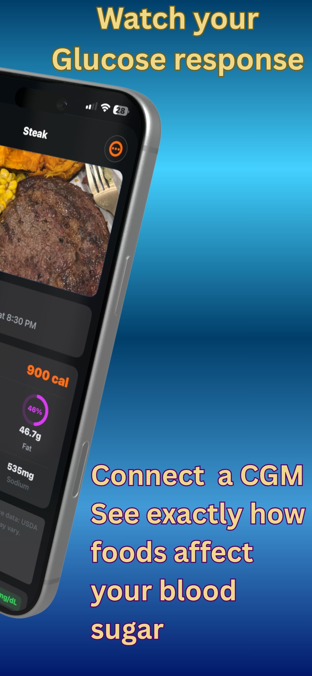 myCARI showing a 2-hour glucose response curve after a logged meal